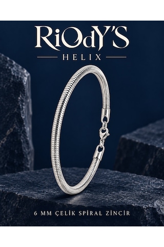 Riody's Helix Erkek Bileklik 6 Mm Çelik Spiral Zincir Kancalı Kilit Beyaz - Gümüş