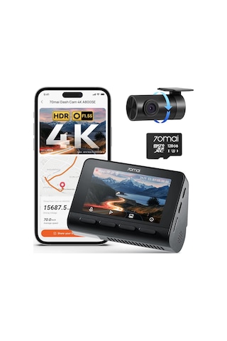 70mai A800se Araç Kamerası Araç Ön Arka 4k Hdr 2160p+1080p, 128 Gb Sd Kartlı, Taksi İçin Çift Araç Kamerası Adas, F1.55 Gece Görüşü, 210s Tampon Acil Durum Ön Kayıt, Park İzleme, 3" Ips, Maks. 512 Gb