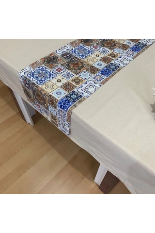 Etnik Desenli Runner, Duck Kumaş Runner, Su Ve Leke İtici Dayanıklı, Modern Tasarım 35x120 Cm Çok Renkli