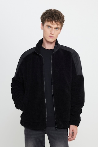 Relaxed Fit Geniş Kesim Fermuarlı Omuz Detaylı Siyah Sherpa Ceket Siyah