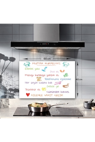 Decorita Renkli Mutfak Kuralları Cam Ocak Arkası Beyaz 40x60cm