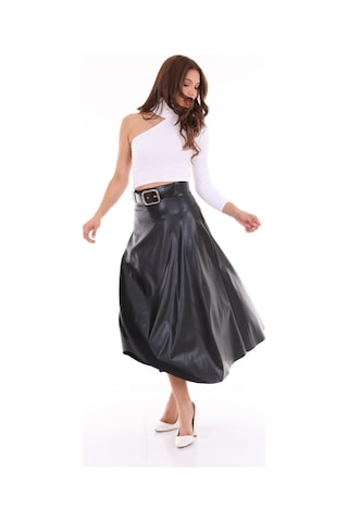 Winmoda34 Deri Etek Uzun Kemer Detaylı Kloş Model Siyah