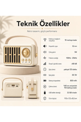 Retro Kablosuz Hoparlör Fm Radyo Usb Destekli Taşınabilir Askılı Şarjlı Bluetooth Speaker 5w