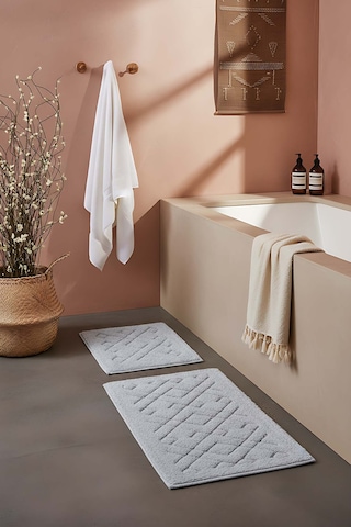 Geometrik Desenli Pamuklu 2 Li Banyo & Klozet Paspas Takımı Gri