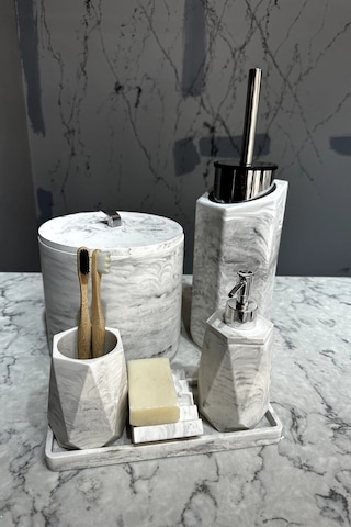 Betonmall 8 Parça Mermer Desenli Beton Banyo Seti Katı Sıvı Sabunluk Diş Fırçalık Çöp Kovası Tuvalet Fırçalığı - Gri Gri
