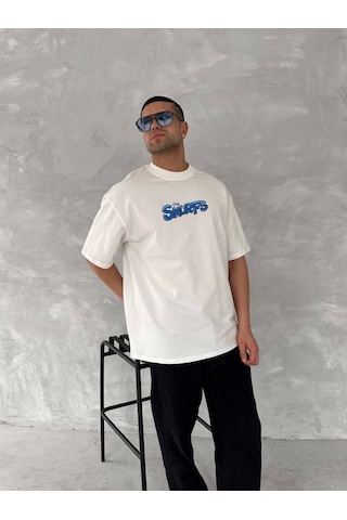 Modi Ön Ve Arka Baskılı Oversize Bisiklet Yaka T-shirt- Beyaz