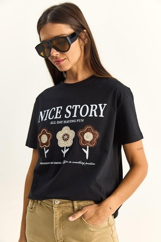 Shade Kadın Nice Story Yazı Ve Nakış Detaylı Relaxed Fit T-shirt 7635 60286116 - Siyah