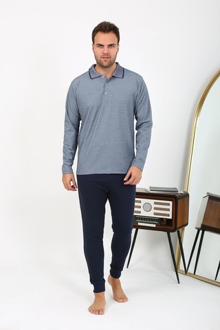 Akbeniz Erkek Polo Yaka Uzun Kol Penye Pijama Takımı Gri 6865 Gri