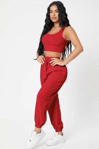 Modi Kadın Kırmızı Kaşkorse Cepli Jogger Eşofman Altı Ve Crop Top Bluz