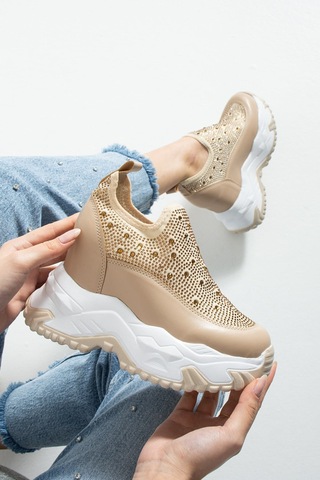 Dabab Shoes Olıvıa Bej Taş Detaylı 10 Cm Gizli Topuk Platform Slip-on Sneaker Ayakkabı