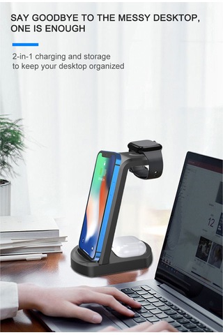 Honmex Siyah 15w Üçlü Kablosuz Şarj Cihazı - Telefon Ayaklı Tutucu, Saat Ve Kulaklık Şarj Edici