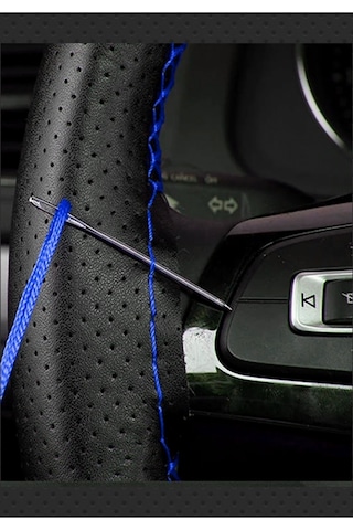 Peugeot 307 Uyumlu Dikmeli Direksiyon Kılıfı Noktalı Dikişli Mavi İpli 38cm 10.5cm