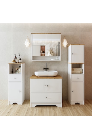 Oval Lavabolu Mdf 80 Cm Çekmeceli Banyo Dolabı Atlantik Çam - Beyaz