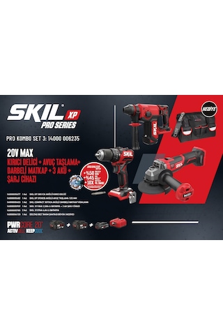 Skil Pro Kombo Set 3 3851CA 20V Max Kırıcı Delici + 3930CB Avuç Taşlama + 3075CA Darbeli Matkap + 3110AA 2.5AH Li+ Şarj Cihazı + 2 Adet 3137AA 4AH Li Akü