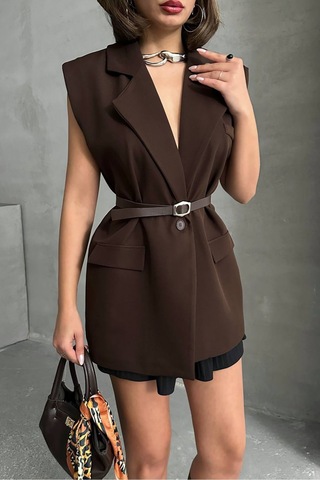Neşeli Butik Kadın Salaş Kemerli Kolsuz Blazer Ceket Nbg076 Kahverengi