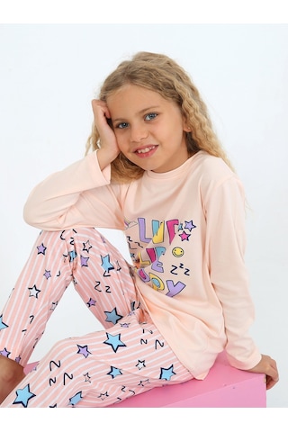 Kız Çocuk Uzun Kollu %100 Pamuklu Pijama Takımı Happy Life SOMON