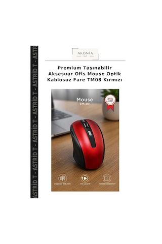 Premium Taşınabilir Aksesuar Ofis Mouse Optik Kablosuz Fare Tm08 Kırmızı