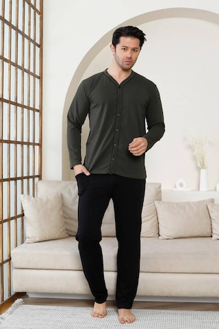 Erkek V Yaka Önden Düğmeli Pamuk Likra Mevsimlik Uzun Kol Cepli Pijama Takımı Haki