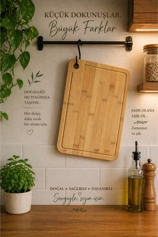 Bambu Kesme Tahtası 26x36 Cm Askılı, Oluklu, Doğal Ahşap Mutfak Kesme Ve Sunum Tahtası Açık Bej