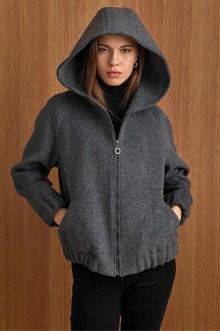 Olcay Kapüşonlu Beli Lastikli Oversize Kısa Kaban Koyu Gri 3162