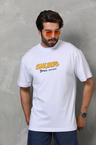 Valensdesign Unisex Bisiklet Yaka Baskılı Oversize T-shirt - Beyaz Siyah