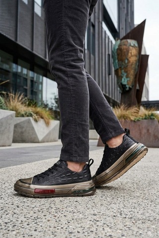 Voyager Siyah Hakiki Deri Kroko Desenli Kalın Taban Erkek Casual Ayakkabı Sneaker E058 M
