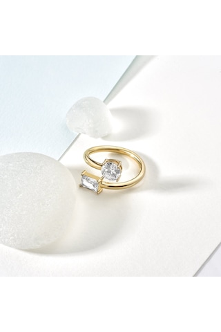 14 Ayar Altın Kaplama Baget Ve Yuvarlak Kesim Taşlı Yüzük - Rs00115 Altın