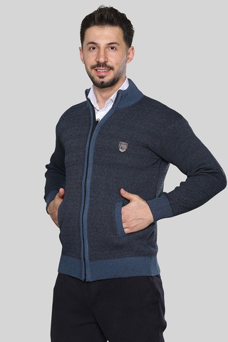 Kzctekstil Erkek Triko Akrilik Kalın Dokulu Klasik Fit Fermuarlı Cepli Kışlık Baba Hırka Mavi