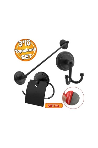 Lavabo Banyo Wc Yapışkanlı Siyah Metal Sağlam Aparat Bez Havlu Çatal Askı Tuvalet Kağıtlık 3'lü Set Çok Renkli