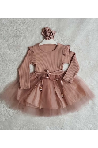 Kız Çocuk Gül Kurusu Tül Pamuklu Uzun Kol Özel Gün Doğum Günü Abiye Hediye Günlük Prenses Elbise Pembe
