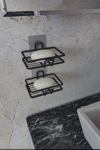 Eva Metal Tasarim Yapışkanlı Banyo Mutfak Lavabo Metal Katı Sabunluk 2'li Set Siyah