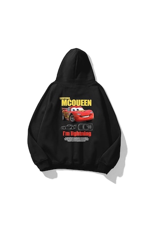Sevgililer Günü Özel Kapüşonlu Araba Baskılı Oversize Sweatshirt - Siyah