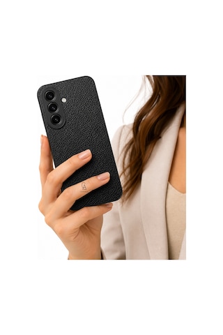 Samsung Galaxy A27 Uyumlu Deri Dokulu Silikon Telefon Kılıfı Ve Şeffaf Temperli Cam Ekran Koruyucu Siyah