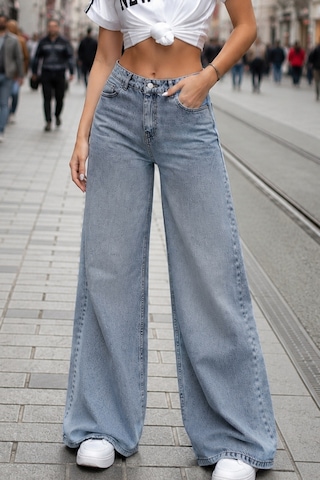 Cedy Denim Cedy Denım Kadın Ultra Baggy Salaş Kalıp Normal Bel Denim Pantolon Premium Geniş Paça Jean E7021 Açık Mavi