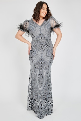 Ladies First Büyük Beden 3439 Gümüş Uzun Abiye Elbise 001