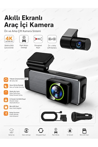 Blc 4k Ultra Hd Araç İçi Kamera Ön Ve Arka Çift Kameralı Akıllı Ekranlı Dash Cam Gece Görüşlü G-sensörlü 140 Geniş Açı Microsd Kart Destekli