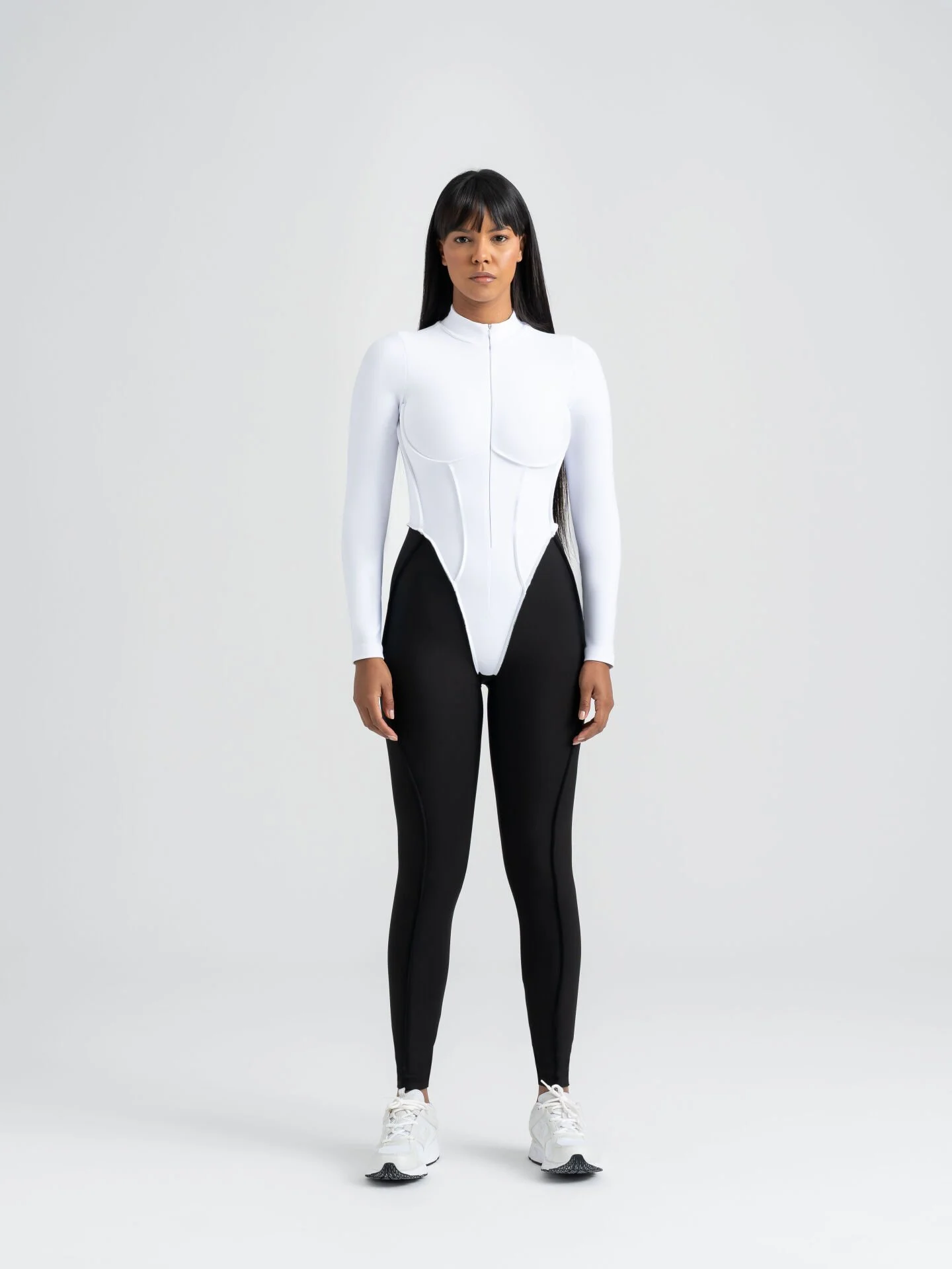 Dikişle Modellenmiş Spor Tayt Tulum Siyah - Beyaz