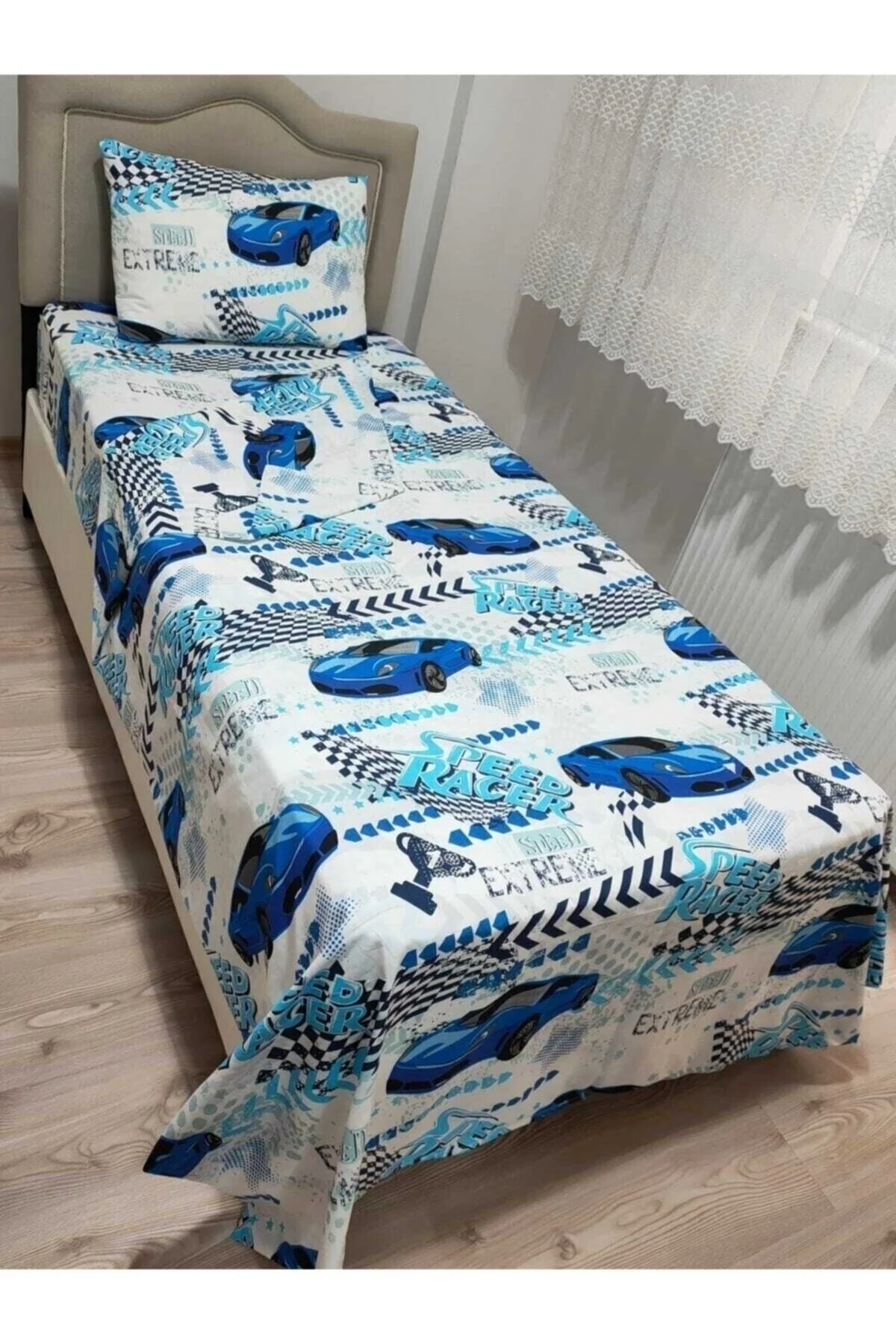 Tek Kişilik Yorgan Kılıfı Yastıklı Premium Ranforce Yumuşak Dokulu Yarış Arabası