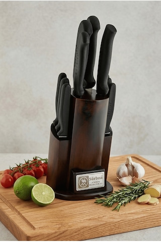 Vintage Mutfak Bıçak Seti Eskitme Ahşap Kütüklü Standlı 10 Parça Çeyiz Sürmene Bıçak Set Sürbisa 61506 Kahverengi