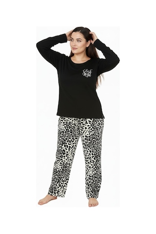 Bravie Üstü Yazılı Altı Leopar Desenli Elite Viscose Uzun Büyük Beden Pijama Takımı Siyah 3588 Siyah