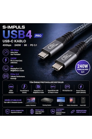 S-ımpuls Usb4 240w Pro Kablo 40gbps, 8k, Pd 3.1, Usb-c To Usb-c 1.5 Metre