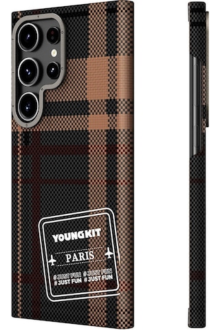 Galaxy S24 Ultra Uyumlu Kılıf Ekose Desenli Youngkit Gezhi Serisi Kapak Kırmızı