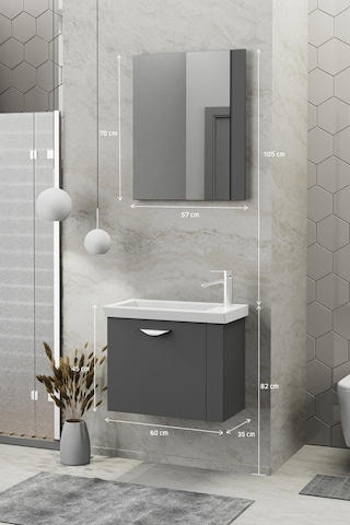 Biani Fix Maxila 60 Cm Seramik Lavabolu, Aynalı, Banyo Dolabı, Lavabo Dahil, Mdf,Mat Gri