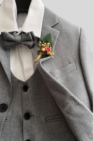 Yaka Çiçekli Yelekli Erkek Çocuk Takım Elbise Gri Gri