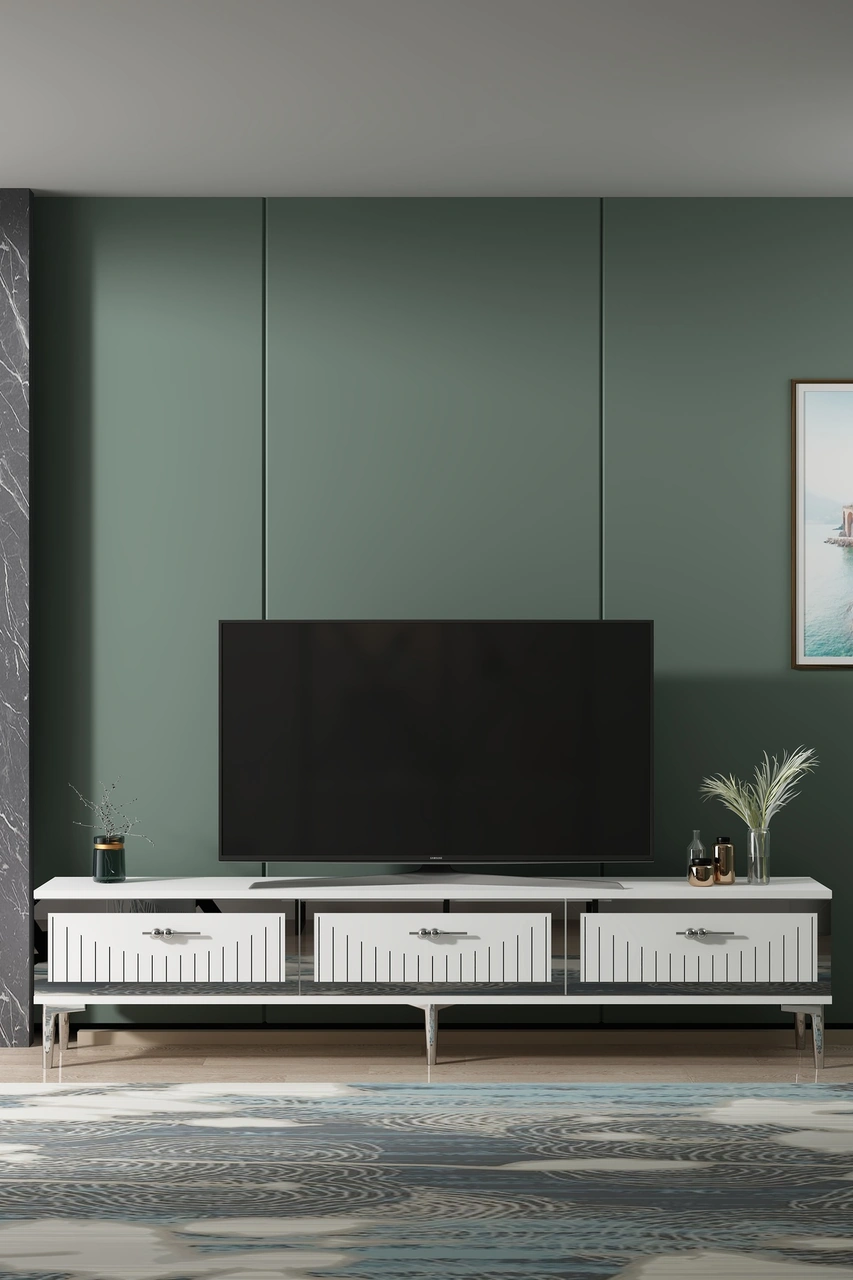 Tsa1802bs - Tuna Tv Stand, Tv Sehpası Beyaz-sılver 180cm Beyaz