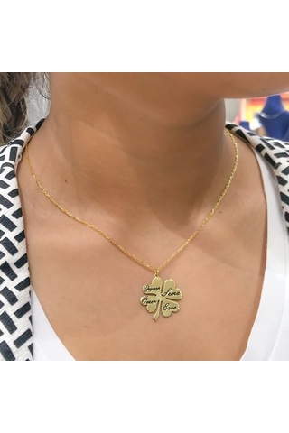 Magümüş İsimli Yonca Yaprağı Aile Kolyesi Altın Kaplama Gümüş Kolye