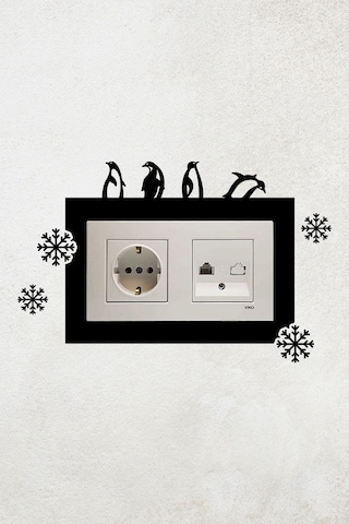 Penguen Ve Kar Tanesi Tasarımlı 2li Priz Çerçevesi İç Ölçü 15,5x8,4 Cm Dekoratif Priz Çerçeve Süsü Siyah