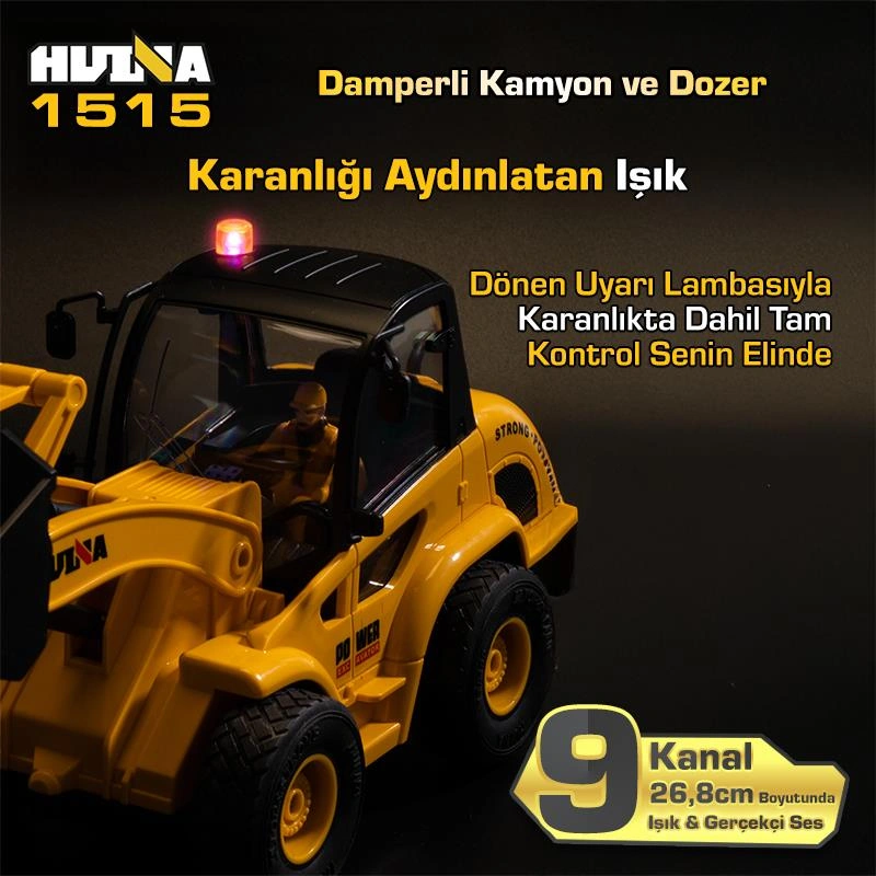 Huına 1515 1/24 9ch Rc Damperli Kamyon & Wheel Loader Dozer Kazıcı Set İş Makinesi İnşaat Uzaktan Kumandalı Rc Model Metal Kepçeli - 2.4g Gerçekçi Similasyon Ses Ve Işık Sistemi