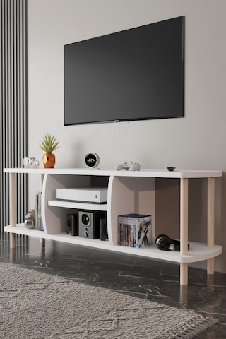 Modern Tv Ünitesi Ahşap Raflı 2 Katlı 4 Raflı Televizyon Sehpası Televizyon Ünitesi Beyaz