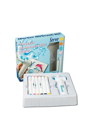 Serve Airbrush Kit 12 Li Keçeli Kalem Seti Şarjlı Sprey Boyama Makinesi, 3 Adaptörlü, Şablonlu Çocuk Boyama Seti